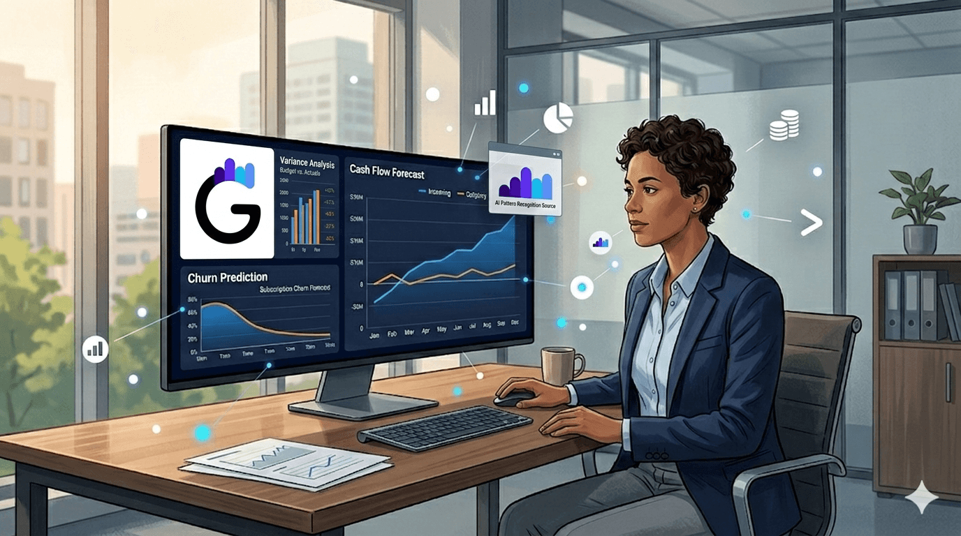 AI-powered finance dashboard showing automated variance analysis and predictive forecasts