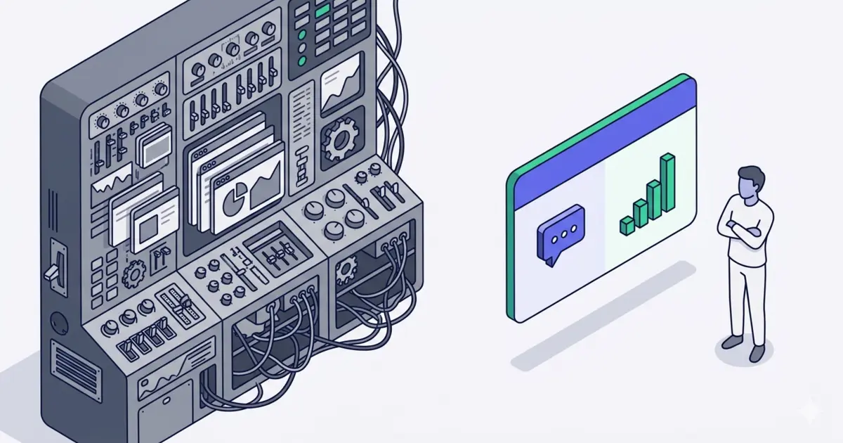 Side-by-side comparison of complex enterprise dashboard and simple AI-generated report