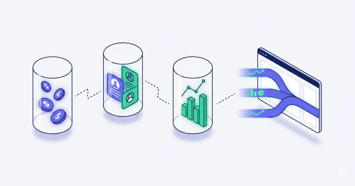 Abstract representation of disconnected data streams merging into a single dashboard
