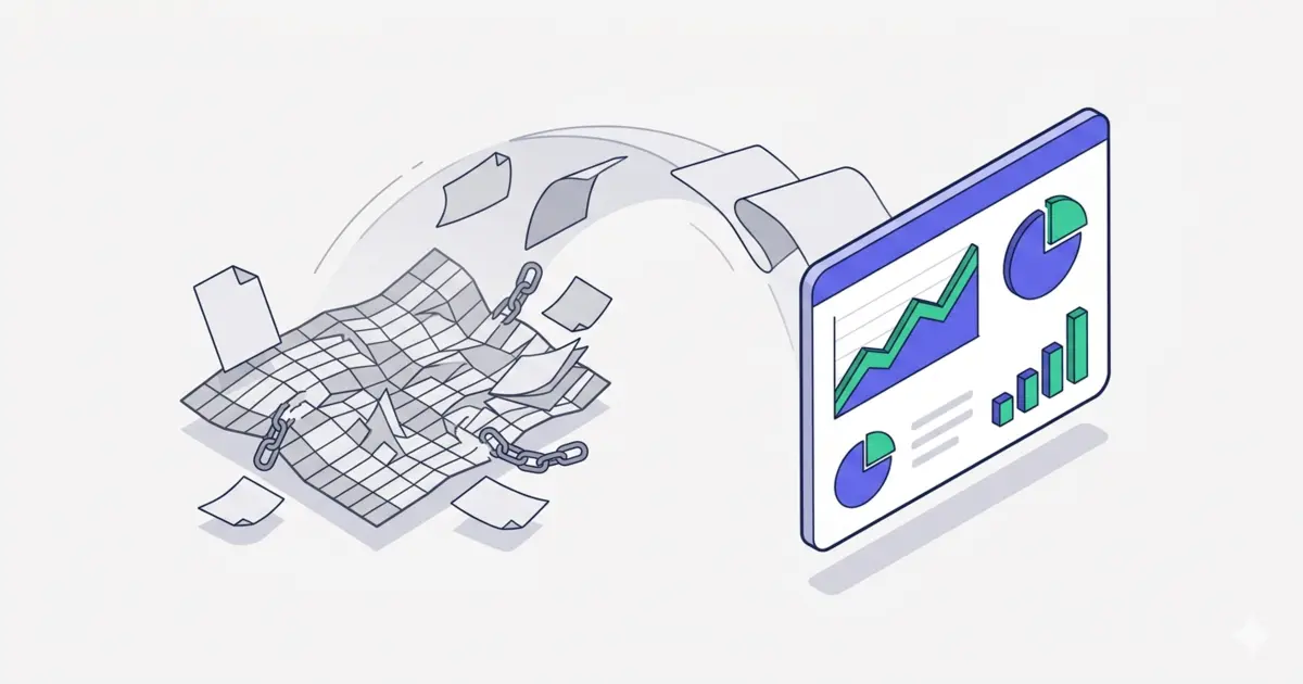 A messy spreadsheet transitioning into a clean, automated digital report